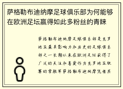 萨格勒布迪纳摩足球俱乐部为何能够在欧洲足坛赢得如此多粉丝的青睐 萨格勒布迪纳摩足球俱乐部为何能够在欧洲足坛赢得如此多粉丝的青睐