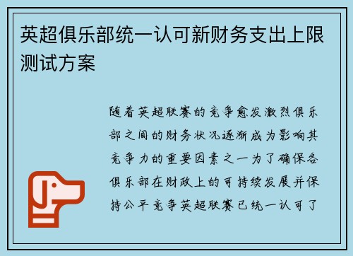 英超俱乐部统一认可新财务支出上限测试方案 英超俱乐部统一认可新财务支出上限测试方案